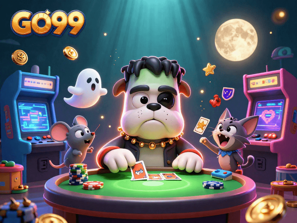 Engage with GO99 as a cartoon bulldog dealer amidst a vibrant casino scene.