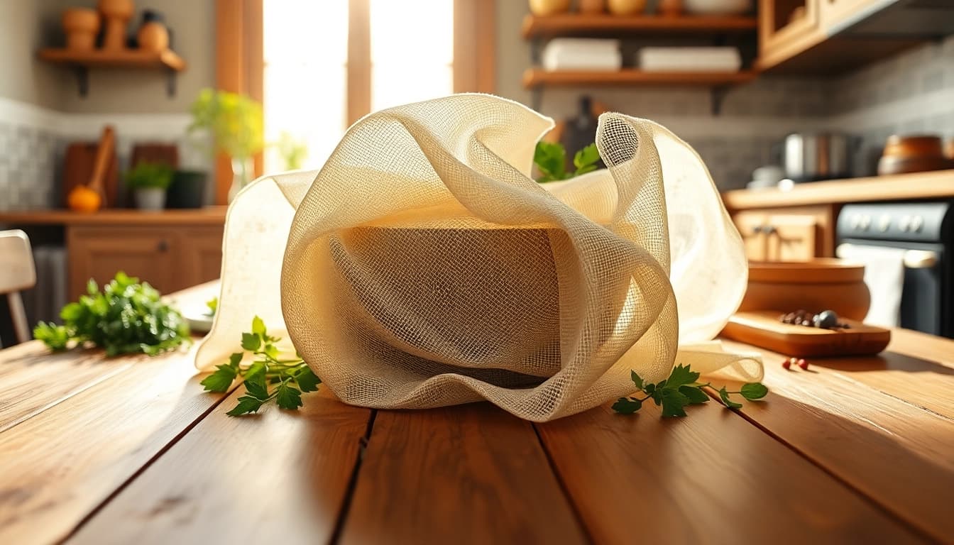 Gebruik van kaasdoek voor het maken van verse kaas in een zonnige keuken.
