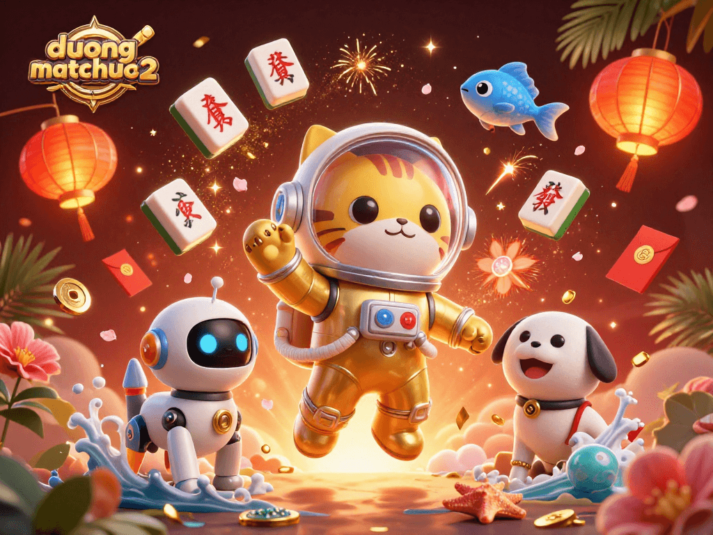 Engage with duongmatchuoc2's vibrant world, featuring a cartoon astronaut cat and dynamic mahjong elements.