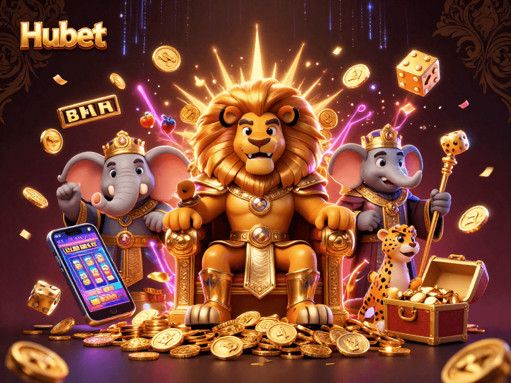Engage with Hubet's vibrant 3D casino experience showcasing a king, elephant, and cheetah amidst exciting game elements.