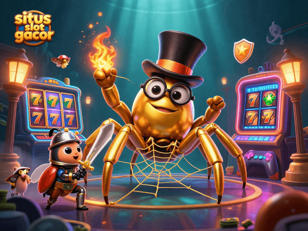 Experience the thrill of situs slot gacor with a giant golden tarantula weaving gold threads in a lively casino atmosphere.