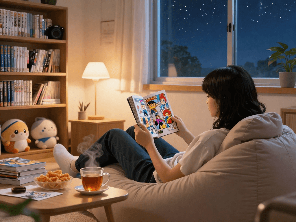 A cozy reading scene showcasing a person enjoying manga from https://hitomi-mangaraw01.com/ with vibrant illustrations and warm lighting.