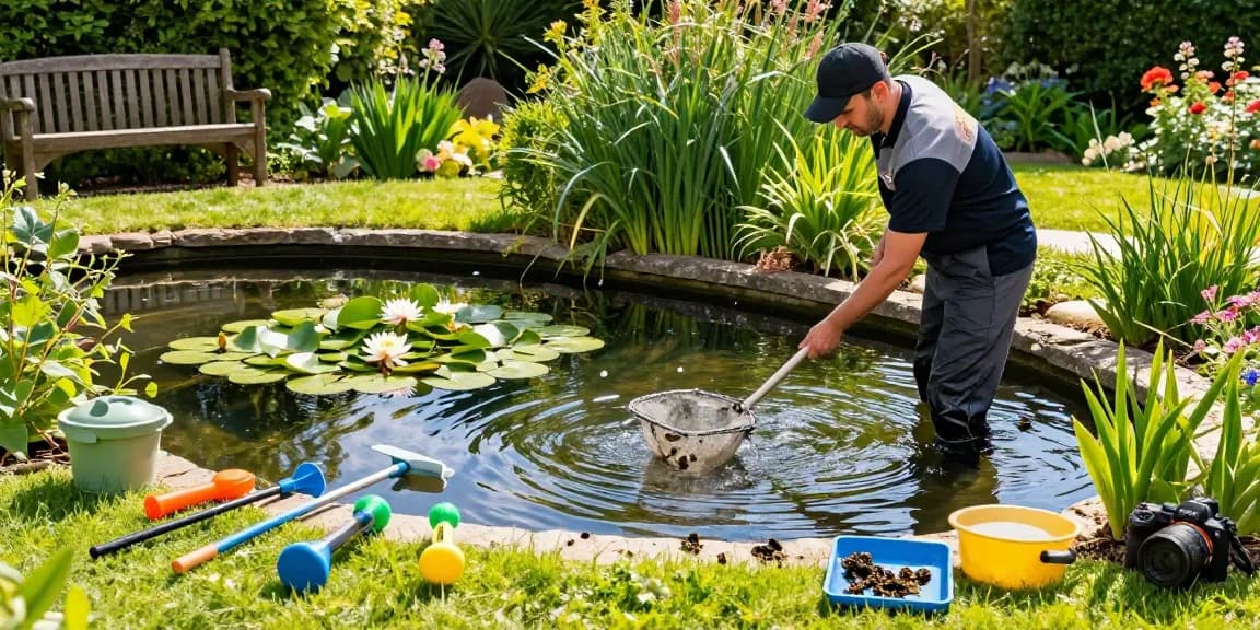 Pond Cleaning Essex expert removing debris from a clear pond in a lush garden setting.