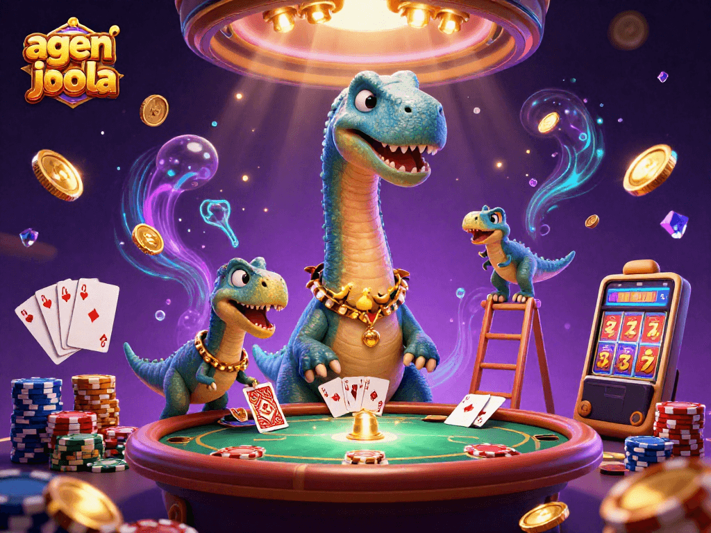 Engage in thrilling betting action with agen judi bola, highlighted by a colossal brontosaurus and vibrant casino elements.