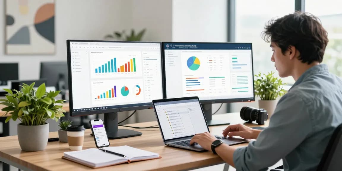 SEO backlinks analysis in a professional digital marketing workspace with dual monitors and analytics data.