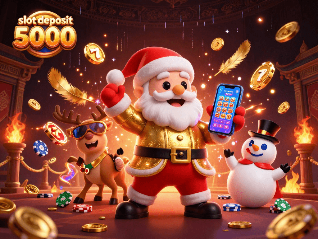 Spin winning reels at slot deposit 5000 with Santa and friends in a festive casino scene.