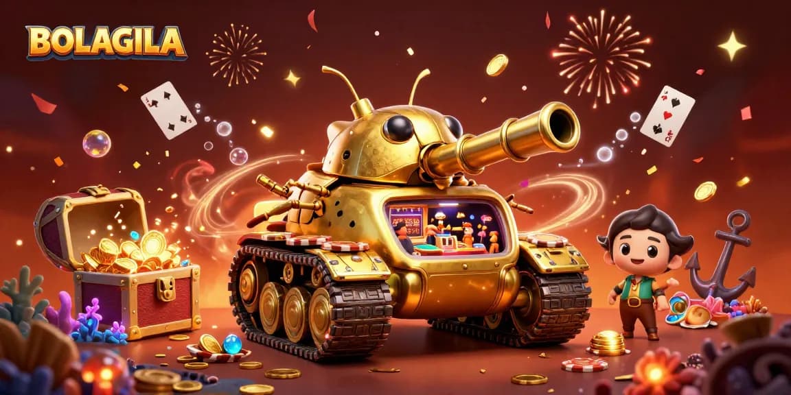 BOLAGILA showcases a vibrant casino scene with a massive golden beetle tank amid confetti and treasures.