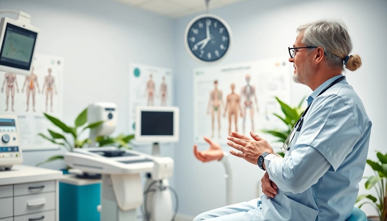 Conducting a full body health check Sydney with a healthcare practitioner in a modern clinic.