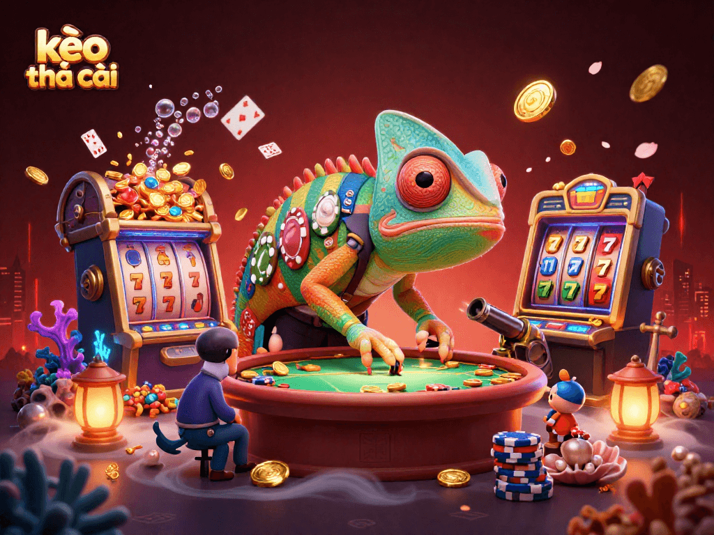 Spin the kèo nhà cái slots with a chameleon casino owner amidst treasures and gaming excitement.