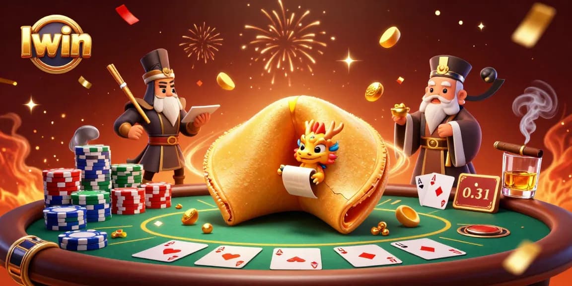 Iwin players enjoy epic poker moments with golden fortune cookie and wise dragon in vibrant 3D illustration