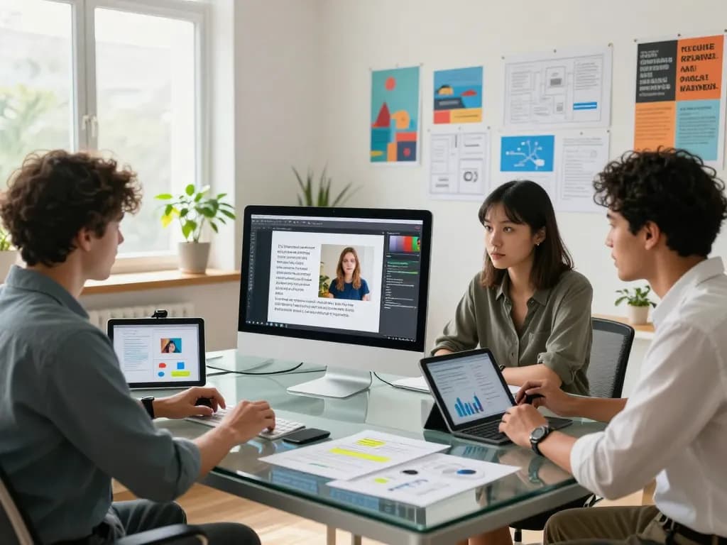 Team collaborating on AI image to prompt ai project in a modern workspace