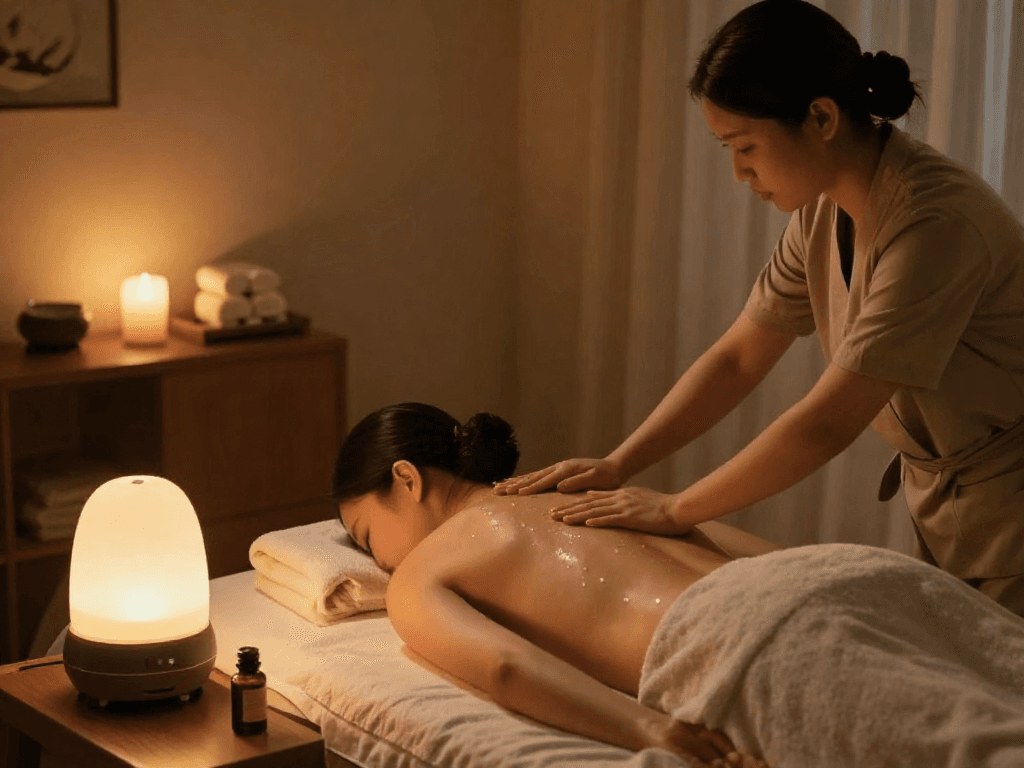 Relaxing 잠실출장마사지 scene with therapist in cozy home setting