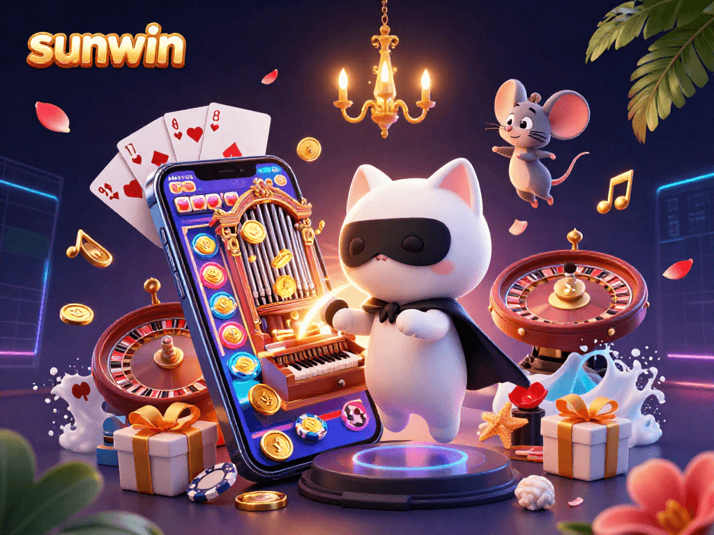 Experience excitement at Sunwin with a vibrant slot game scene, featuring a charming cat and dynamic gaming elements.