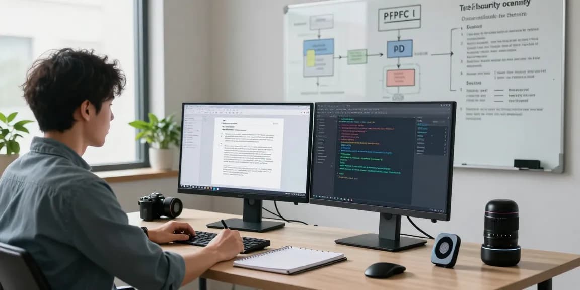 Detect fraud in PDF documents with AI tools in a cybersecurity workspace featuring dual monitors analyzing suspicious files.