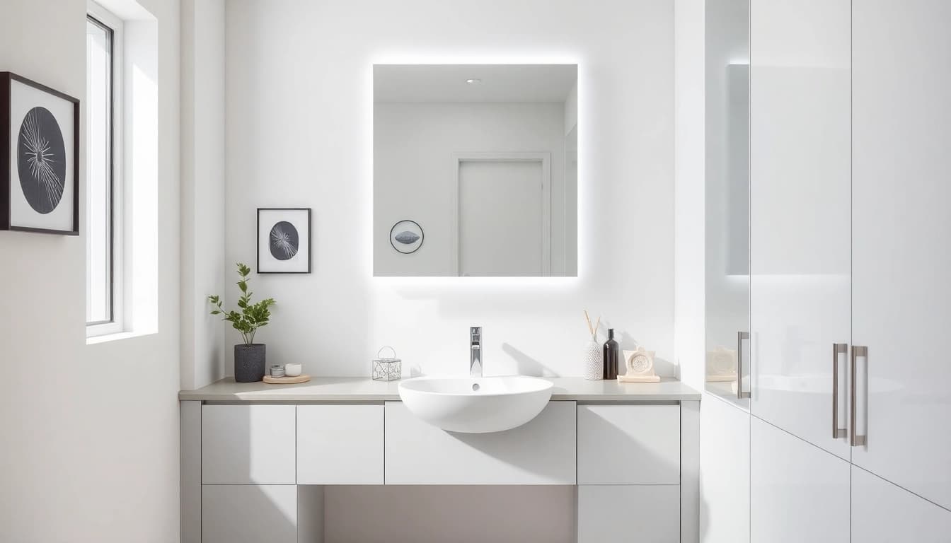 Besonderer spiegelschrank led mit modernen Designelementen und Beleuchtung im Badezimmer.