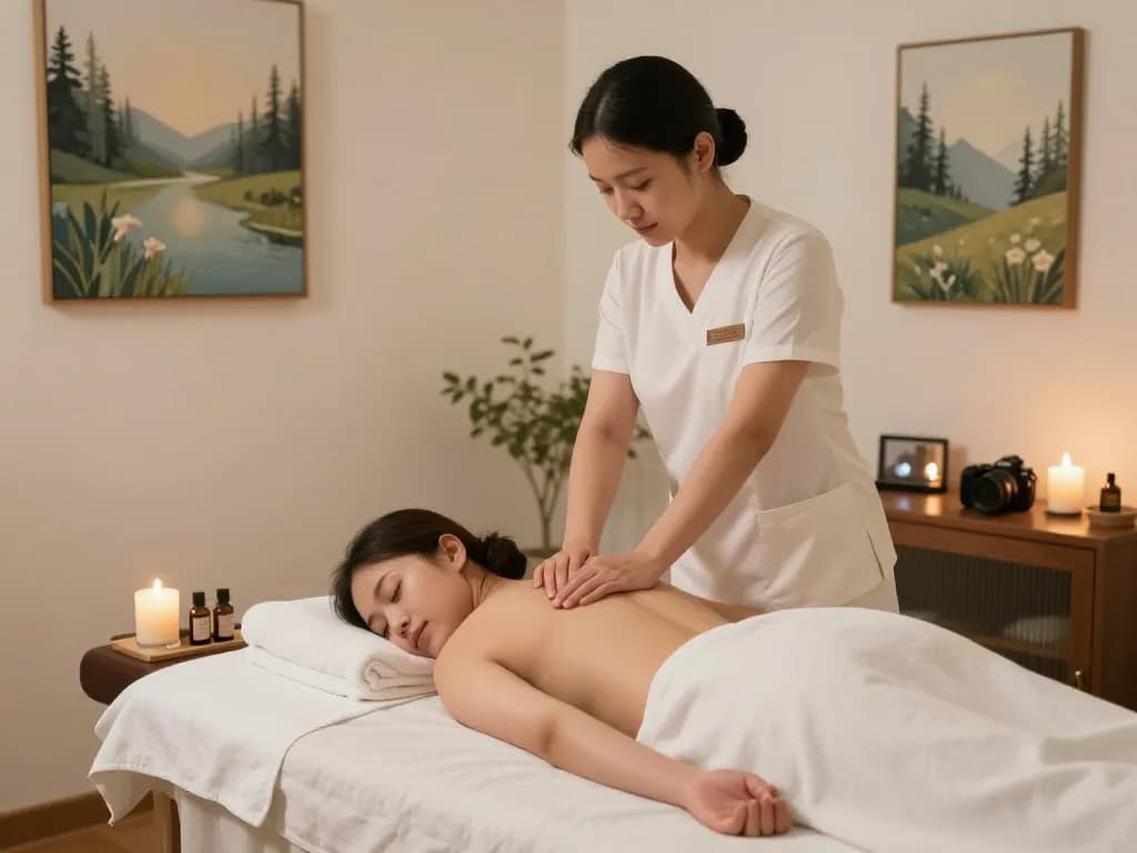 Relaxing 1인샵 massage session in a serene therapy room with candles and soothing decor.