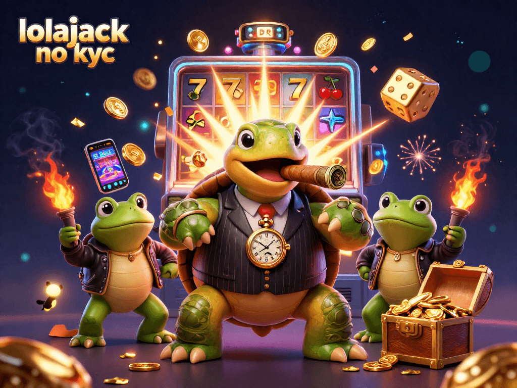 Win big with lolajack no kyc using 3D characters and vibrant casino elements in a dynamic scene