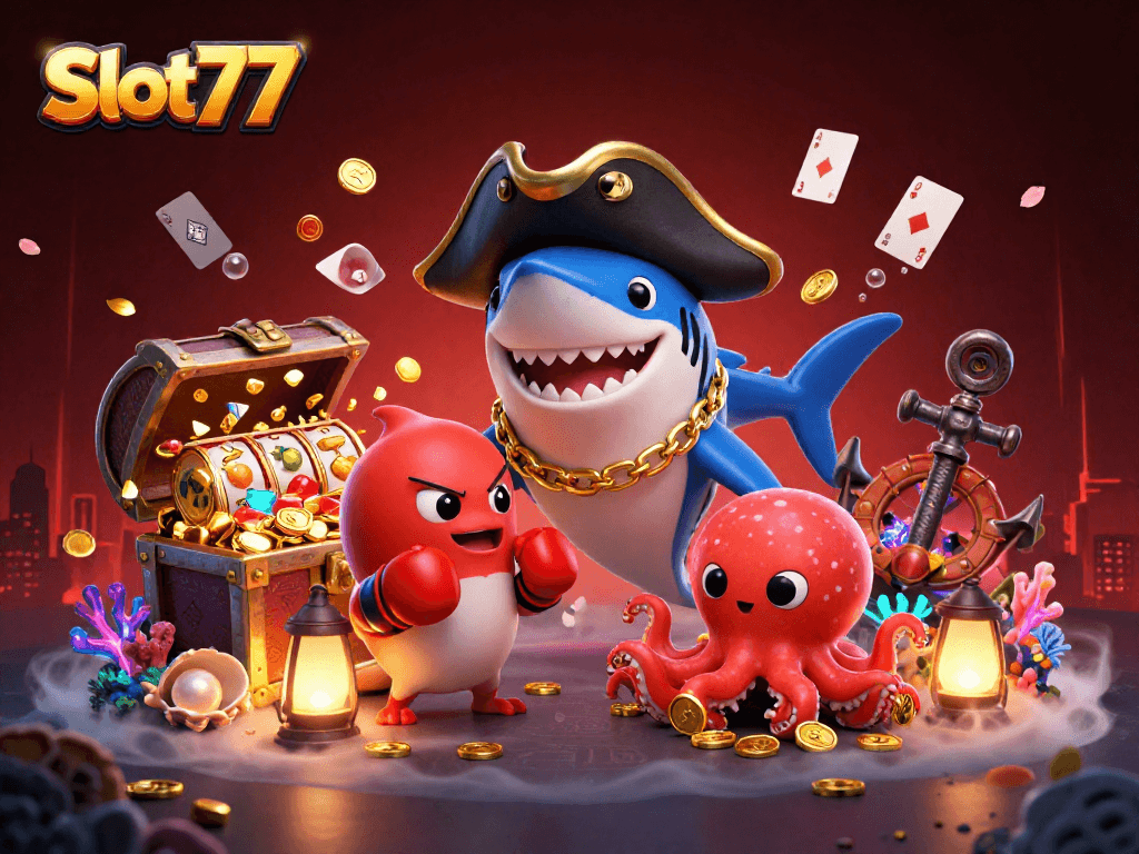 Slot77 memperlihatkan hiu bajak laut yang lucu dengan karakter menarik dan elemen permainan slot yang mengagumkan.