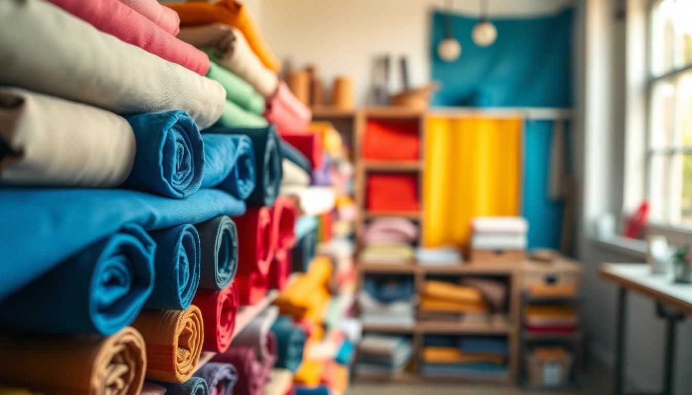 Bekijk goedkope canvas stoffen in een kleurrijke stoffenwinkel met diverse rollen.