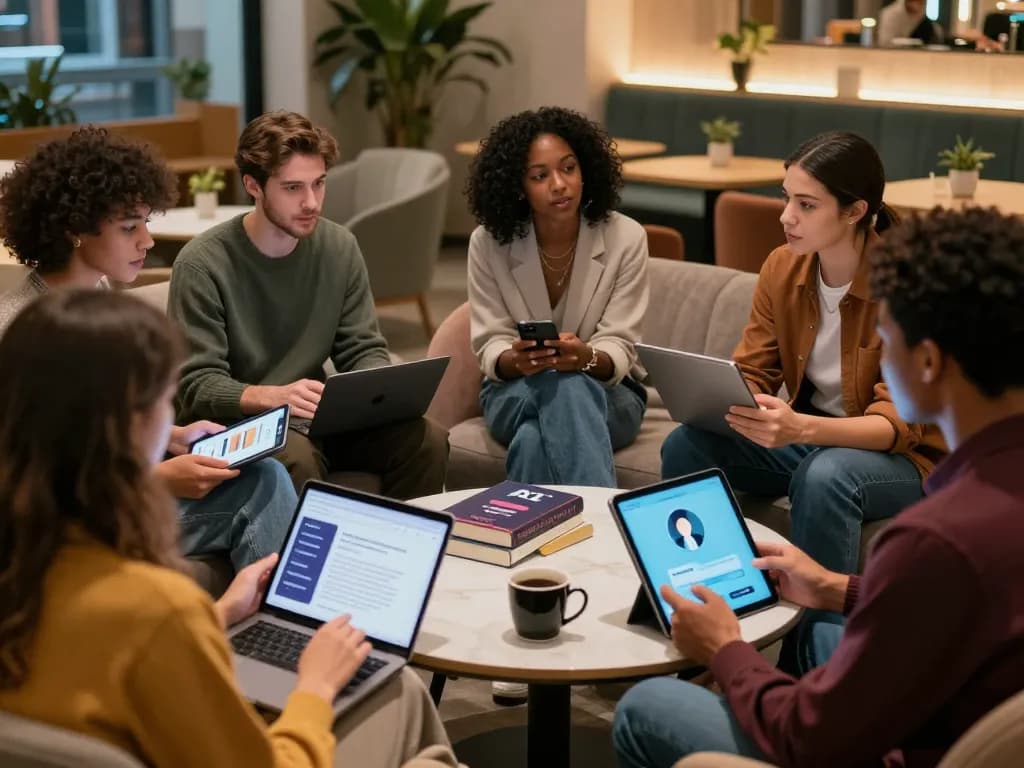 Individuals discussing AI sex technology in a modern lounge, showcasing engaging interactions and digital devices.