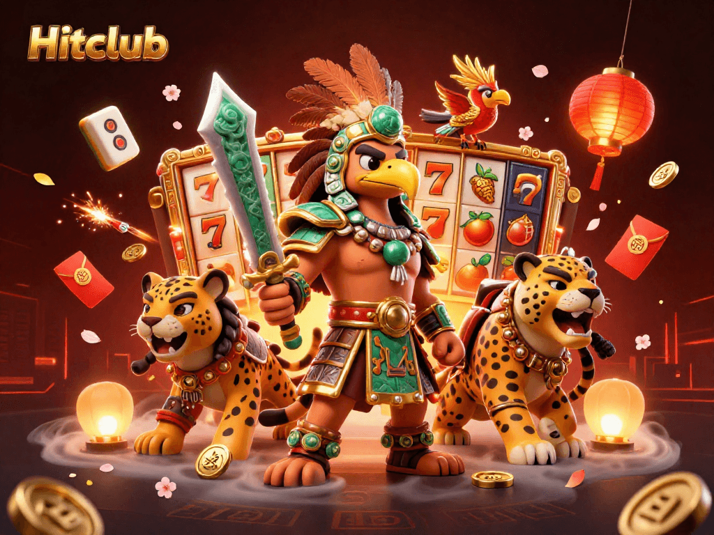 Celebrate wins with Hitclub's vibrant 3D casino scene featuring joyful warriors and game symbols.