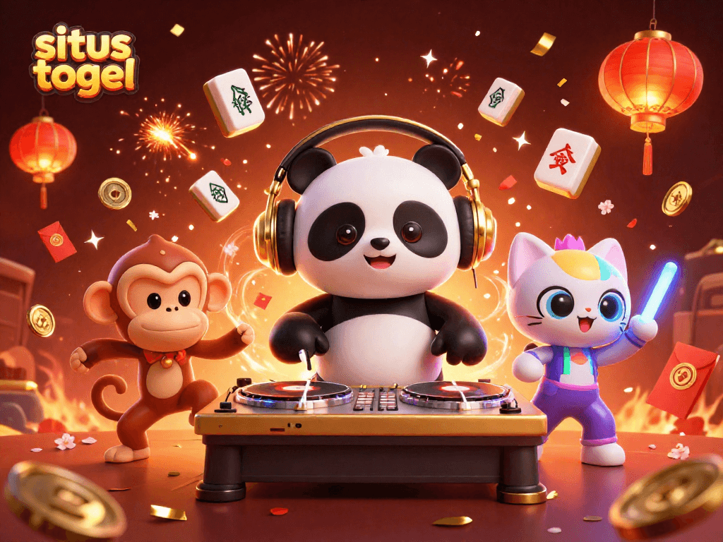 Experience exciting situs togel action with a DJ panda, breakdancing monkey, and vibrant celebration all around.