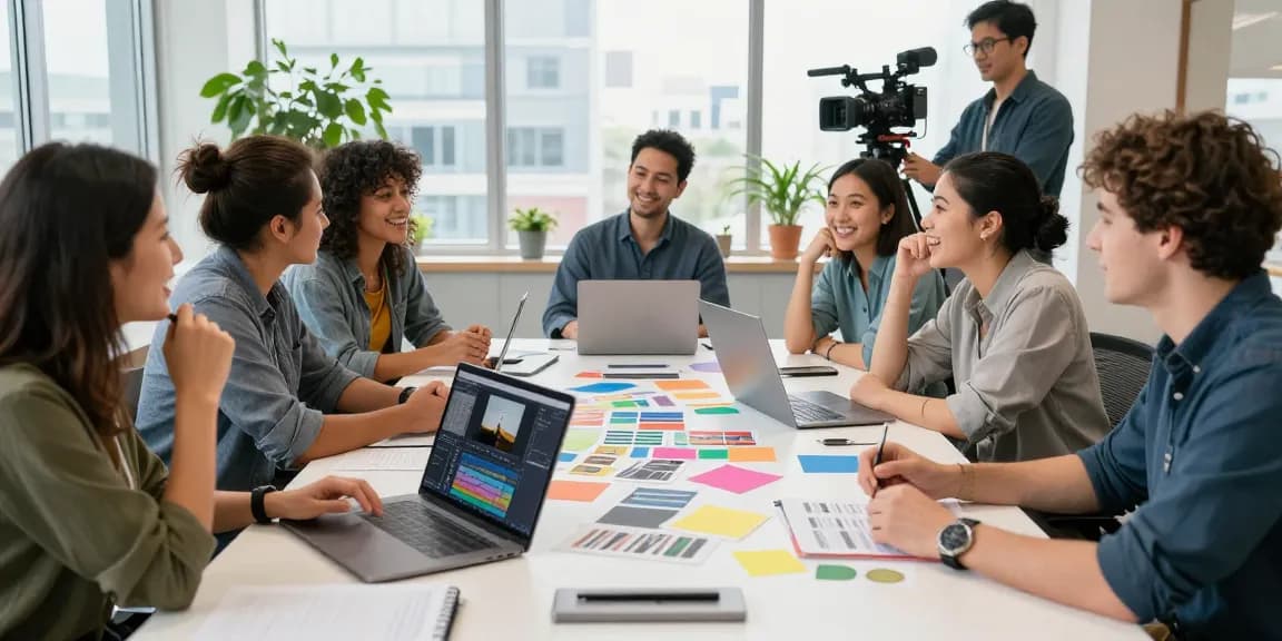 Creative Corporate & Commercial Video Production Sg teamwork scene in vibrant studio, diverse professionals brainstorming with video equipment.