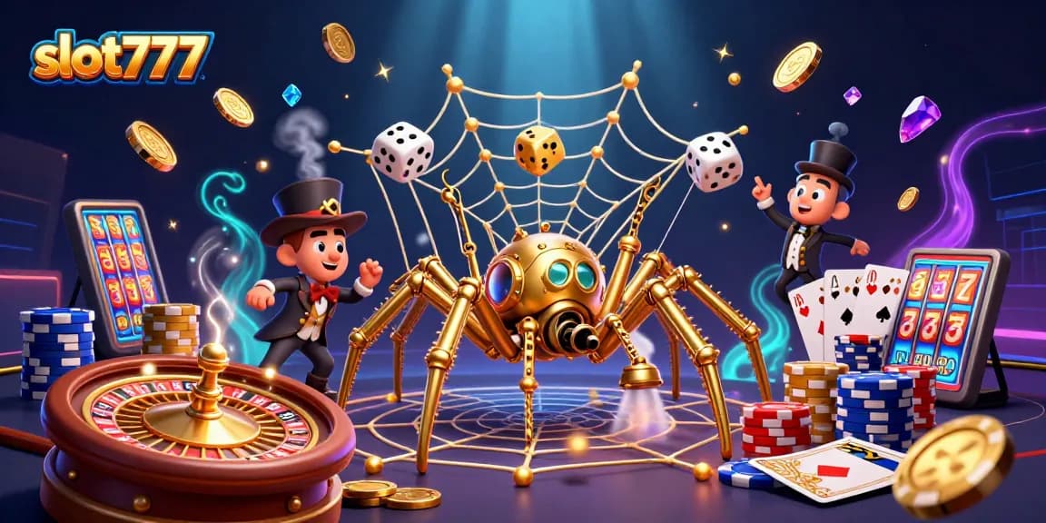 Experience slot777 excitement as golden coins and colorful poker chips burst around whimsical characters.