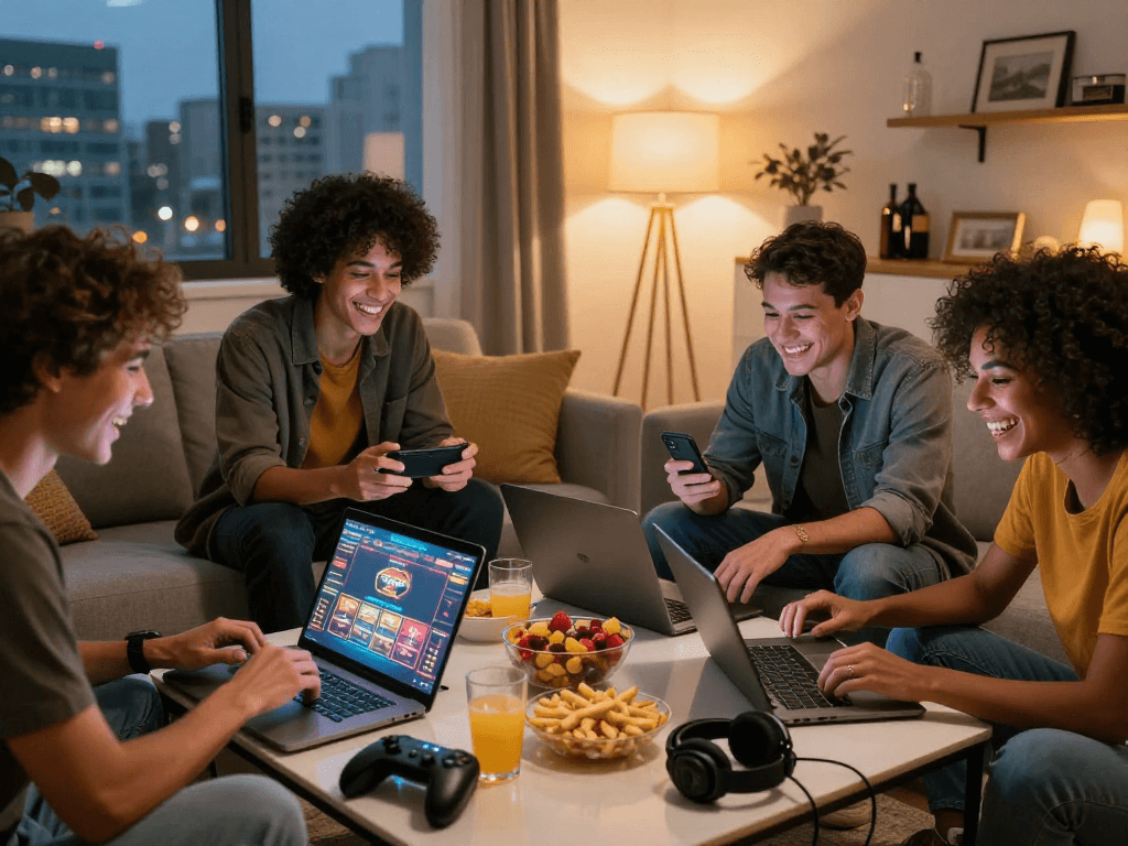 Apostadores se divertindo juntos jogando na SPBET com bônus atrativos.