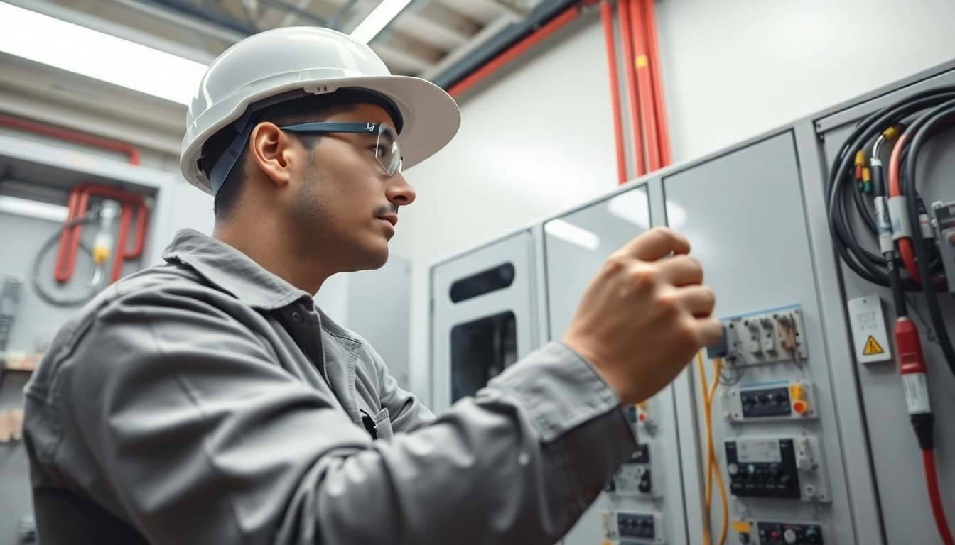 Performing edmonton electrical maintenance with a focused electrician inspecting electrical panels.