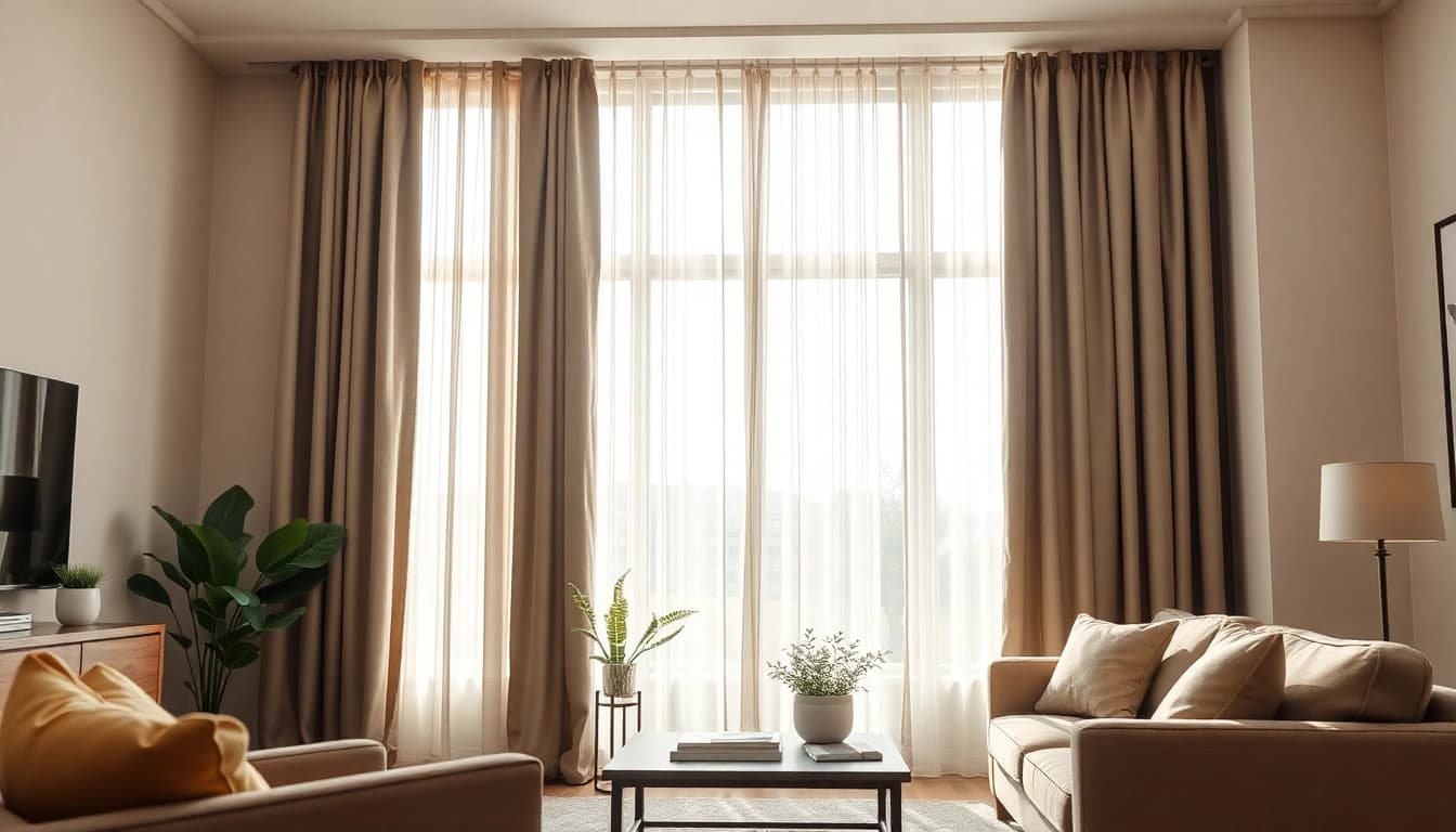 Verduisterende gordijnen transformeren de woonkamer met luxe en privacy.