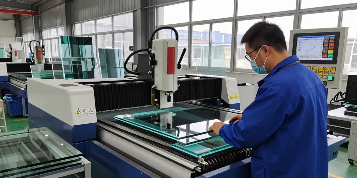 Technician using a glass cutting machine in a modern workshop.