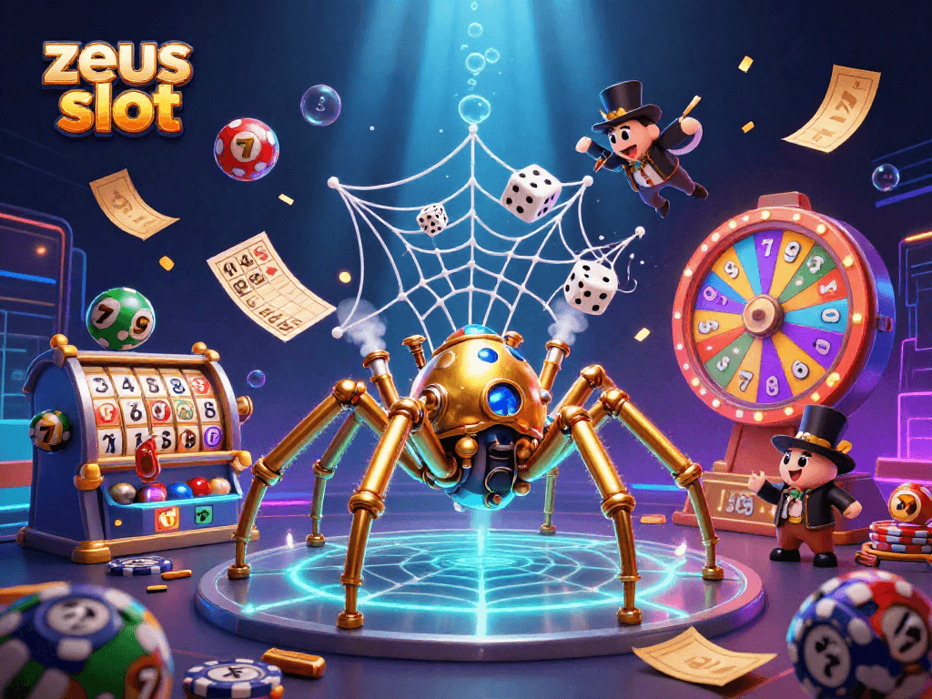 Permainan zeus slot dengan karakter laba-laba dan bola lotere warna-warni dalam ilustrasi 3D yang dinamis.