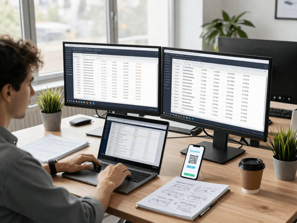 Who called me tool in action with a developer checking phone number origins on dual monitors in a bright tech workspace.