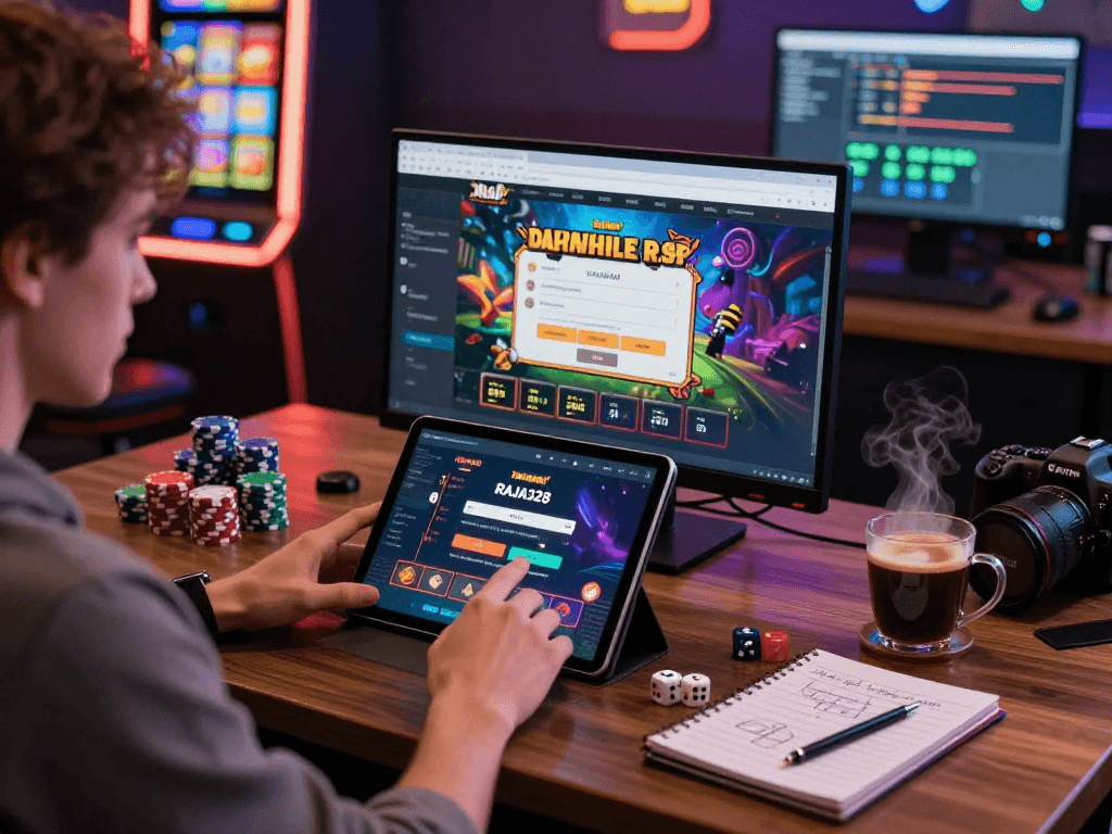 Access the link alternatif raja328 through a vibrant online gaming portal showing a user interface with engaging graphics, gaming items, and cozy atmosphere.