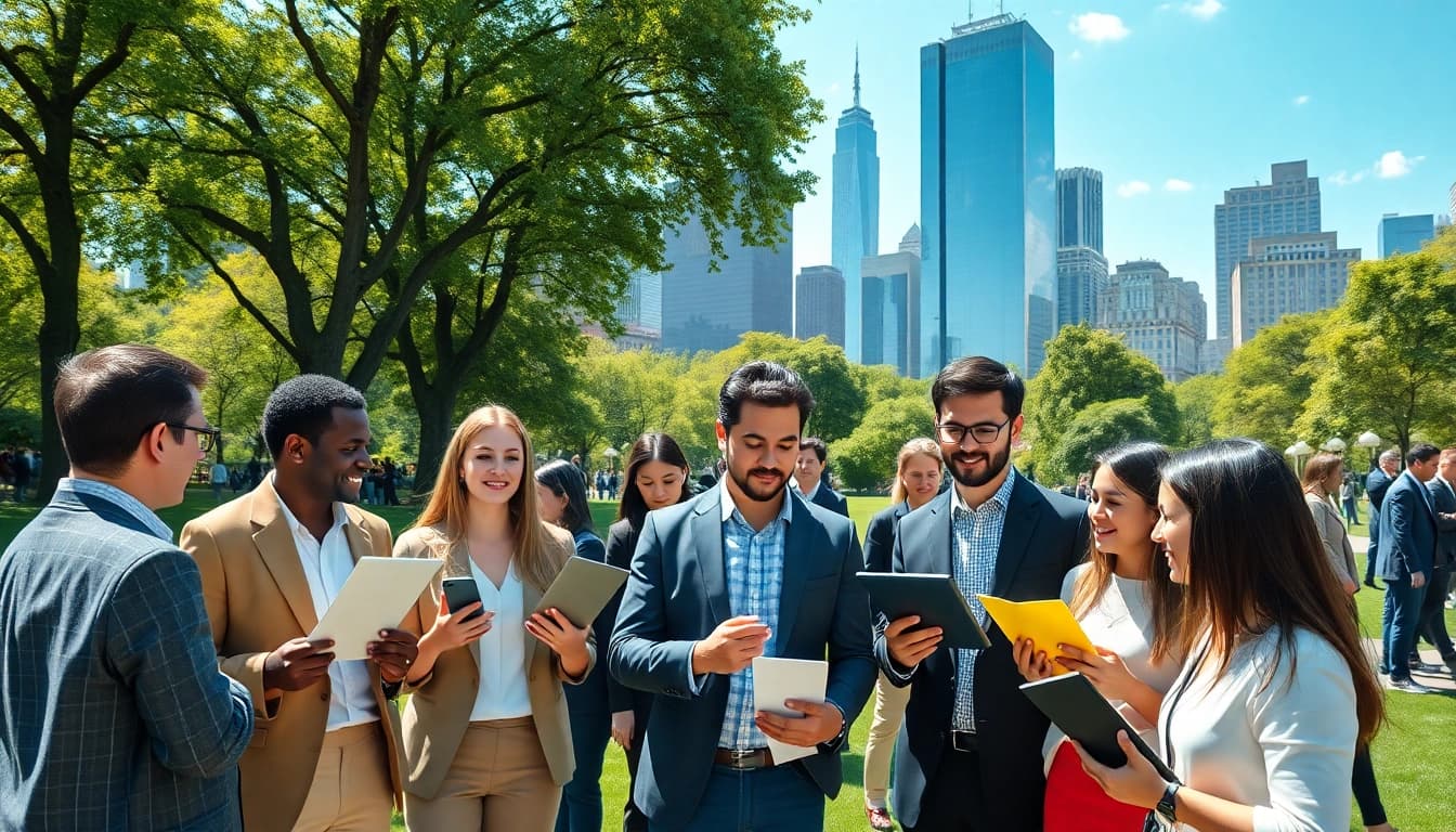Engaged professionals discussing new york jobs in a sunny NYC park, showcasing diverse interactions.