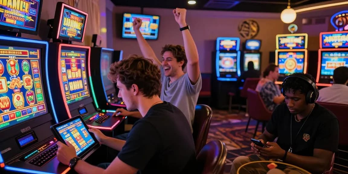 Engaging players at situs slot gacor celebrating wins in a lively online gaming atmosphere.