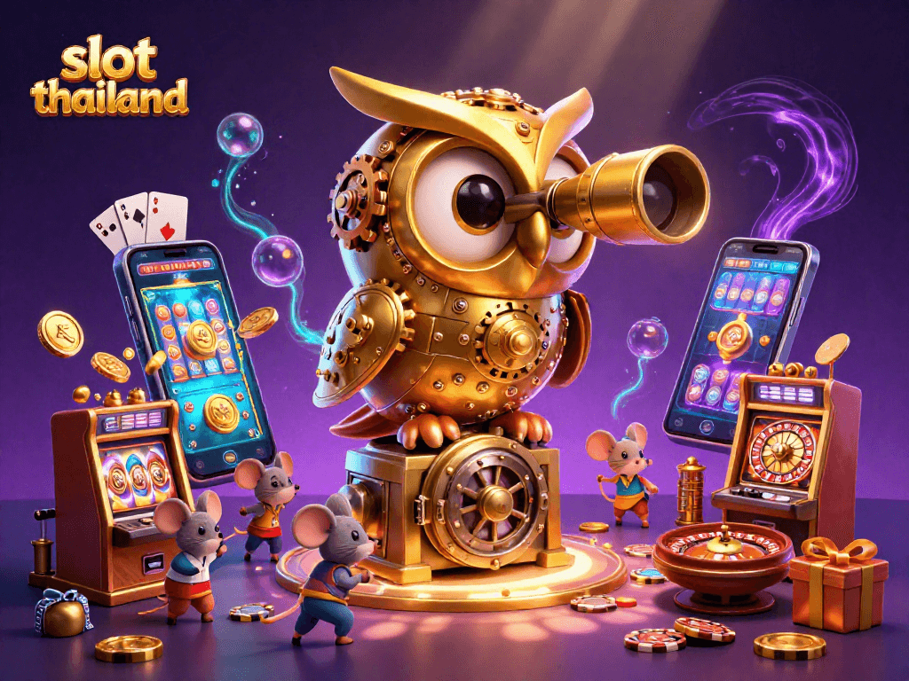 Experience slot thailand excitement with a vibrant casino scene featuring an owl and animated patrons.
