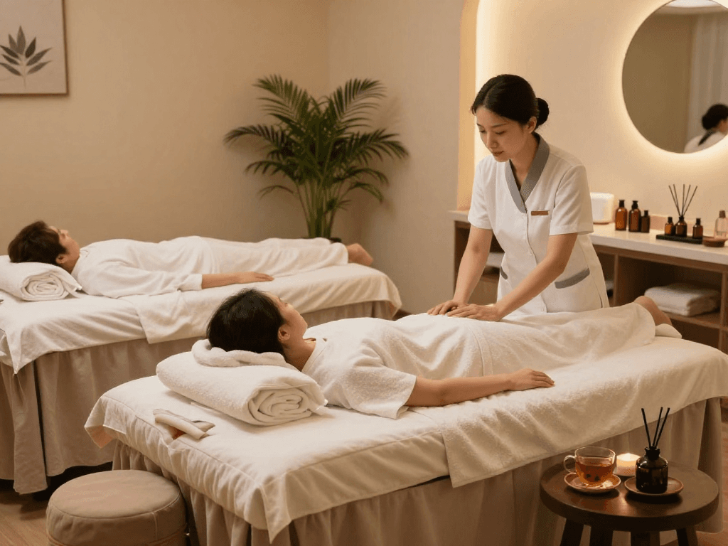 A serene spa consultation scene with mantra88 oils and a therapist guiding a client.