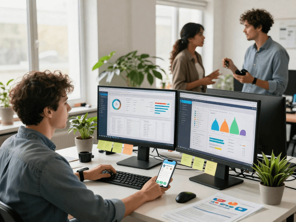 Engaged digital marketer analyzing data to buy android installs for app success in a modern office environment.
