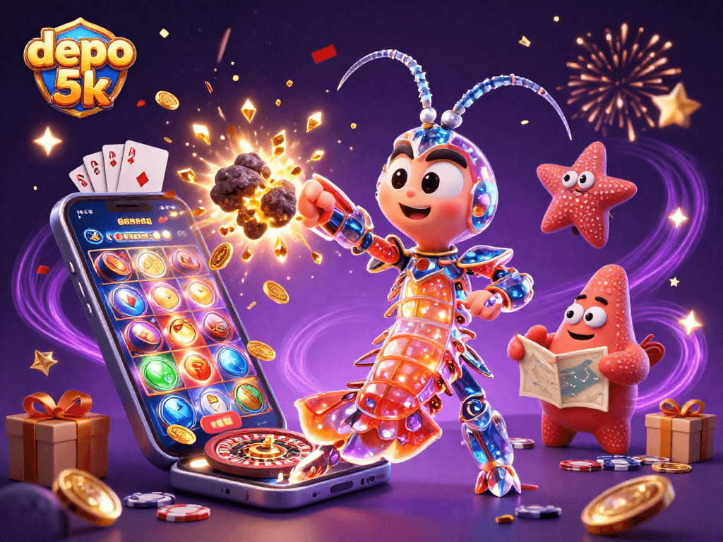 Experience thrilling moments with depo 5k and vibrant casino game elements in this dynamic illustration.