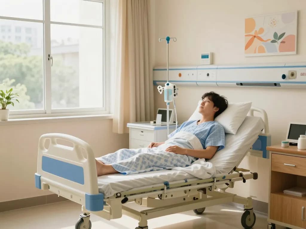 Comfortable patient on a giường bệnh nhân in a bright hospital room with supportive medical equipment.