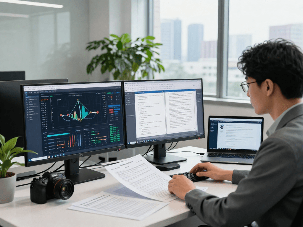 Document fraud detection in a modern office with an analyst reviewing digital reports and analytics.