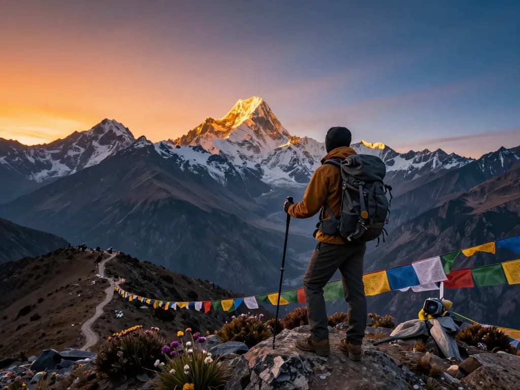 Traveler at the Annapurna Circuit Trek viewpoint during sunset, overlooking golden peaks and rocky terrain.