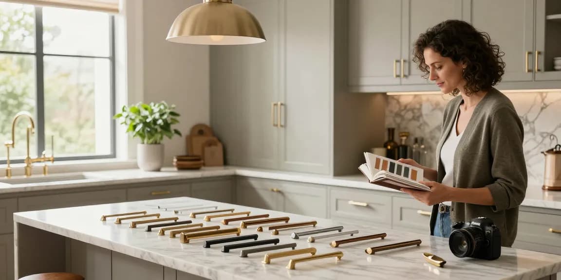 Stylish designer evaluating luxurious handles in a modern kitchen setting.