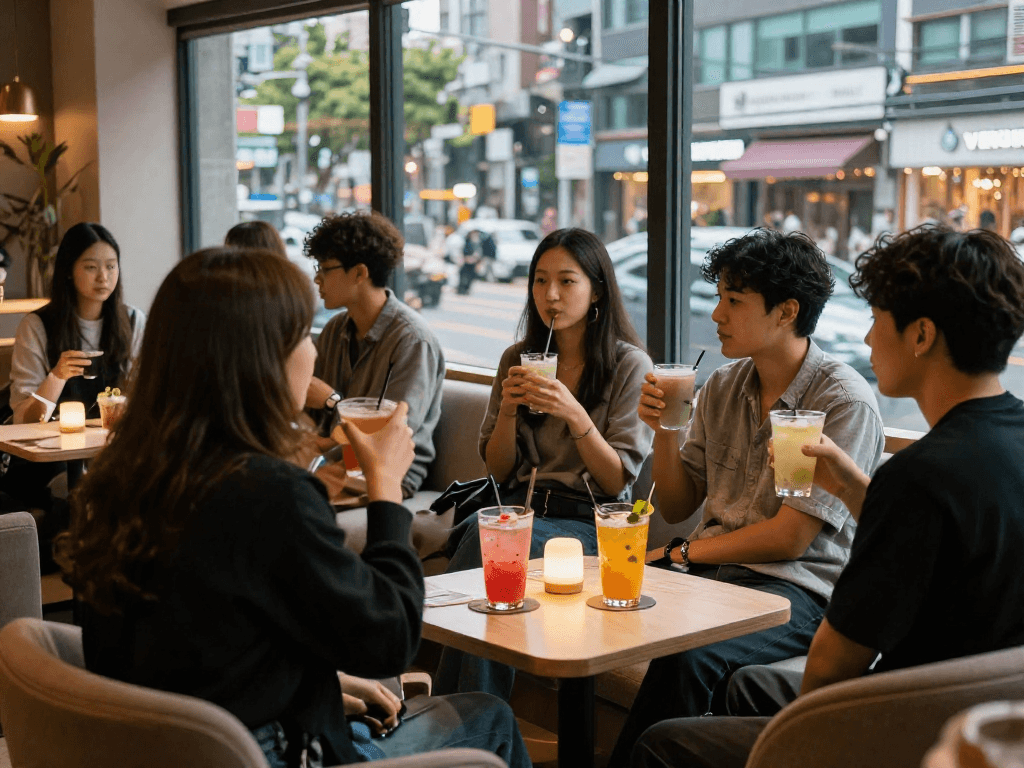 강남쩜오에서 친구들과 함께 즐거운 시간을 보내는 현대적인 분위기