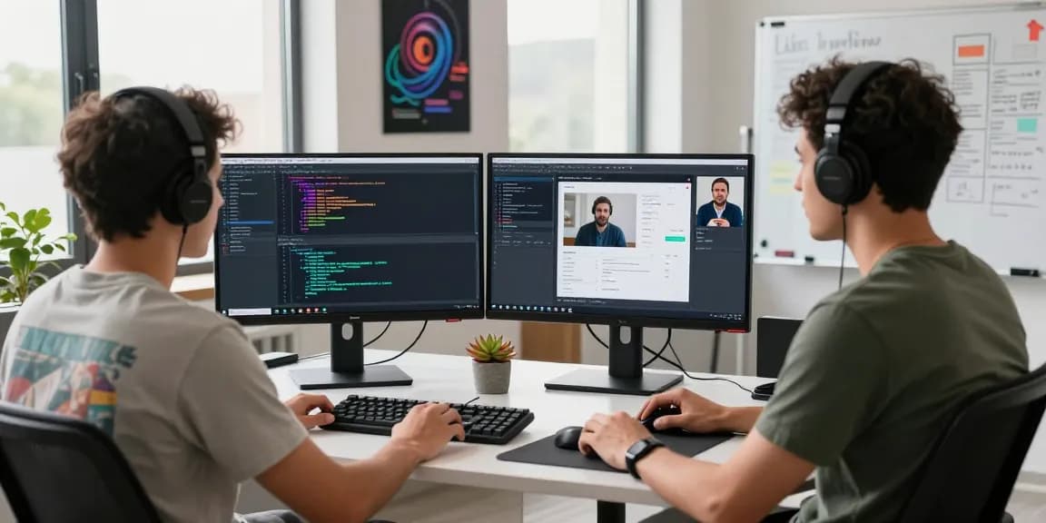 Motchill software developer working in a modern office with coding screens.
