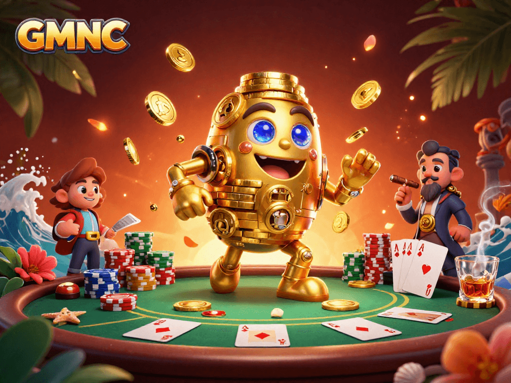 Experience GMNC gaming excitement with a vibrant poker scene featuring dynamic characters and rich casino elements.