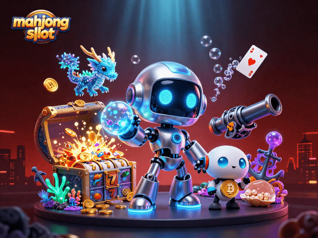 Engage with the mahjong slot excitement in this dynamic 3D casino illustration with vibrant elements.