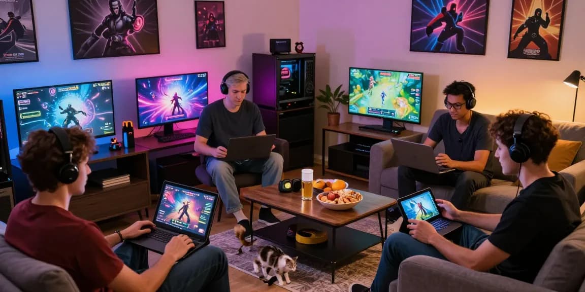 Players enjoying immersive xxx games on various devices in a cozy living room environment.